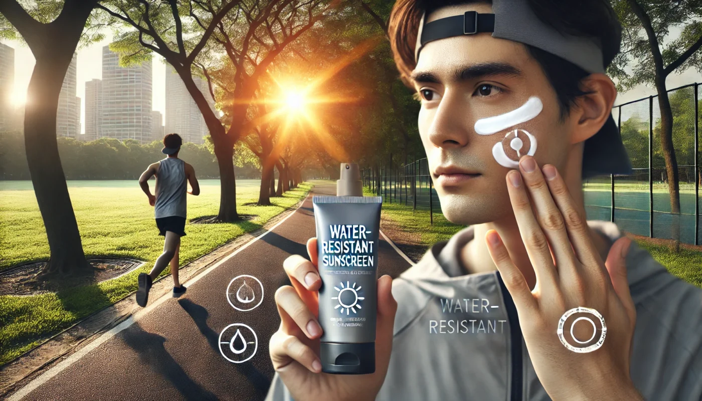 Person in activewear applying water-resistant sunscreen to their face in a sunny urban park, surrounded by jogging paths and trees.