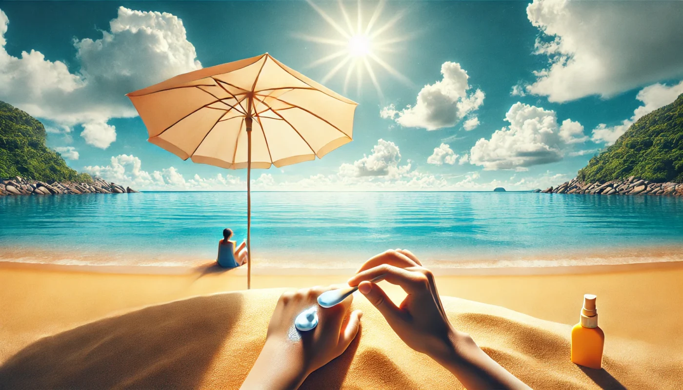 Person sitting under an umbrella on a sunny beach, applying water-resistant sunscreen to their face, with golden sand and a tranquil blue ocean in the background.