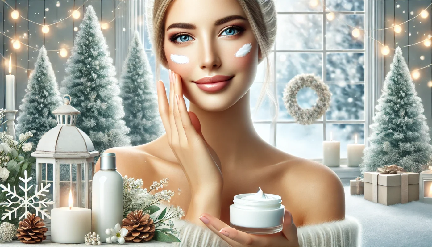 A serene winter setting featuring a woman applying moisturizer to her cheeks, with a snowy backdrop and cozy indoor ambiance, emphasizing winter skin care for dry skin.