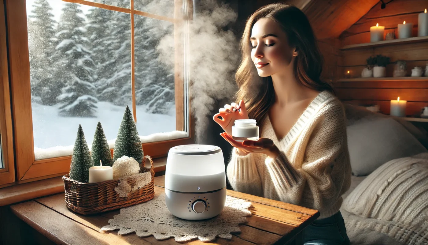 A warm indoor scene with a humidifier and skincare essentials, emphasizing hydration as a key winter skin tip against dryness from indoor heating.