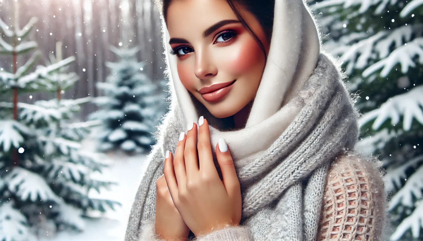 A woman with glowing, hydrated skin enjoying the snowy outdoors, bundled in a cozy scarf, highlighting essential winter skin tips for protection against cold weather.