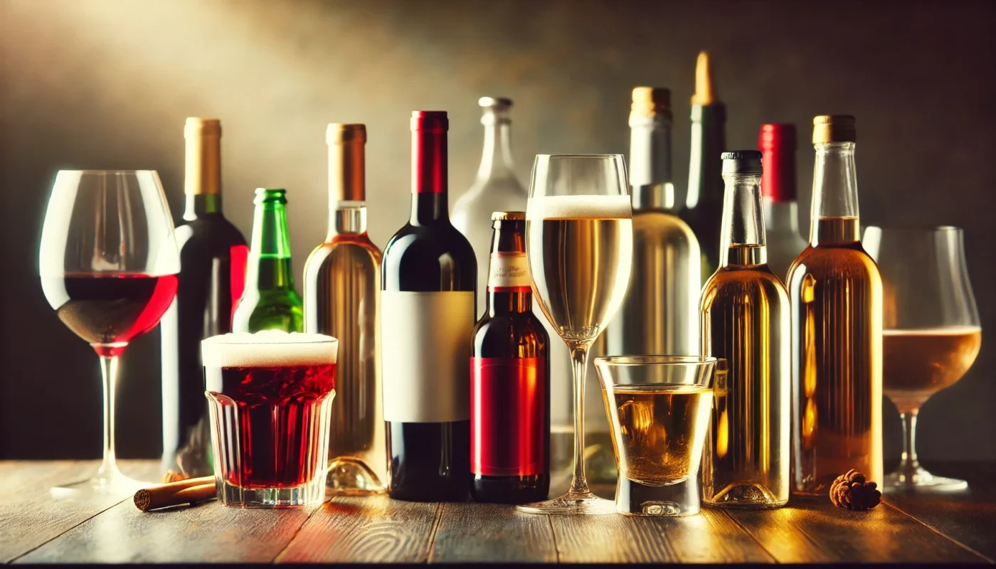 A visually appealing assortment of red wine, white wine, beer, and spirits arranged on a wooden table with warm lighting, representing the concept of moderate alcohol consumption in a health-conscious lifestyle.