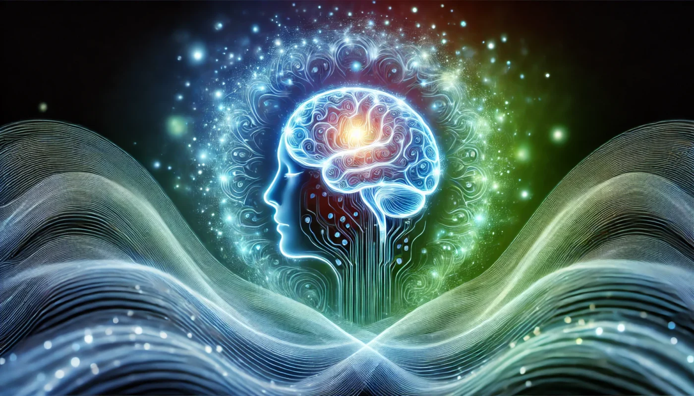 A glowing human brain surrounded by calming waves of blue and green light, symbolizing the reduction of brain inflammation and the promotion of mental clarity and health.