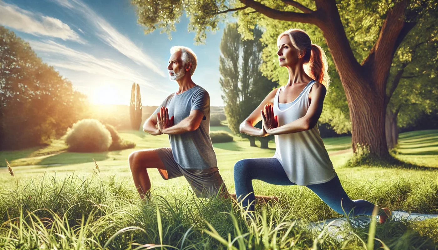 A widescreen image of a middle-aged couple practicing yoga outdoors on a lush grassy field. The couple is focused and relaxed, with a backdrop of trees and a sunny blue sky, highlighting the importance of gentle physical activity for maintaining joint flexibility and health.