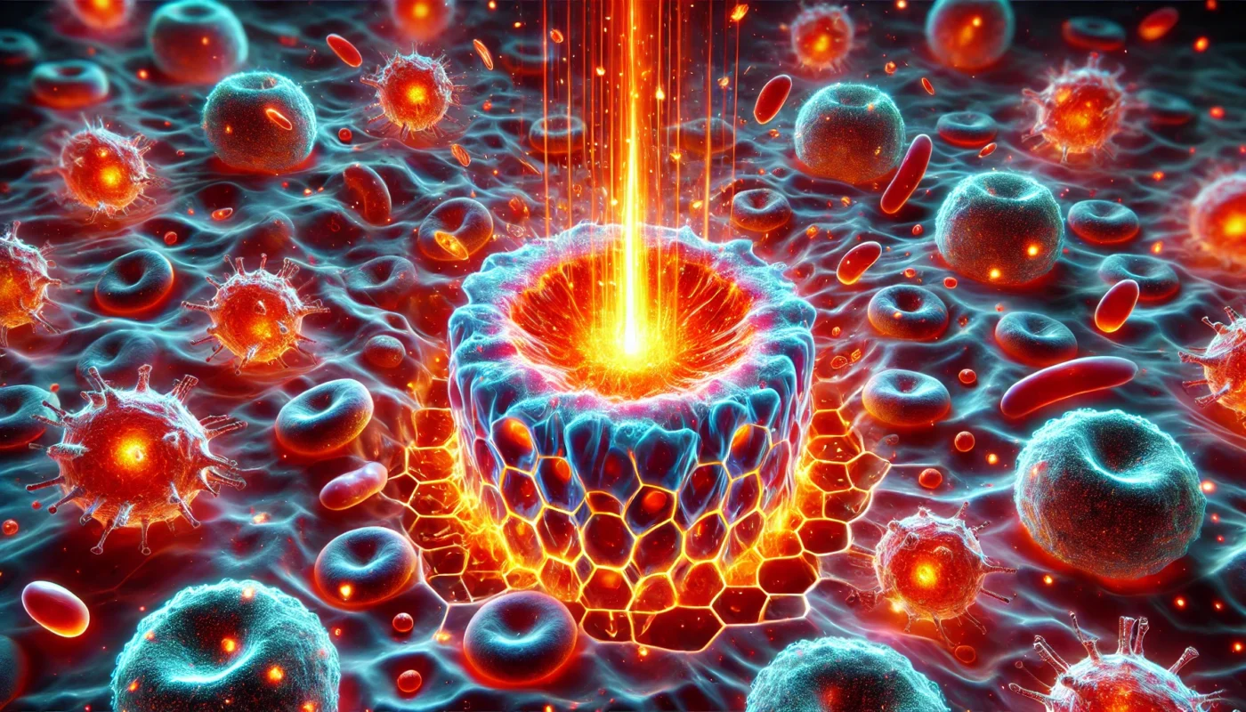 An artistic depiction of acute inflammation, featuring a localized glowing area with heat signals and immune cells, illustrating the rapid cytokine-driven response to injury or infection.