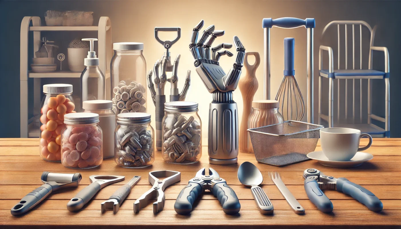 A conceptual illustration of rheumatoid arthritis management tools, featuring ergonomic devices like jar openers, grab bars, and easy-grip kitchen utensils, neatly arranged on a wooden countertop with soft ambient lighting, highlighting their functionality and accessibility.