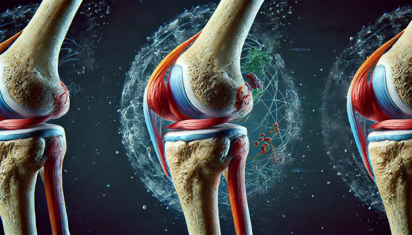 A detailed 3D-rendered illustration of the knee joint showing the femur, tibia, patella, cartilage, ligaments, and tendons, demonstrating their roles in knee movement and stability.