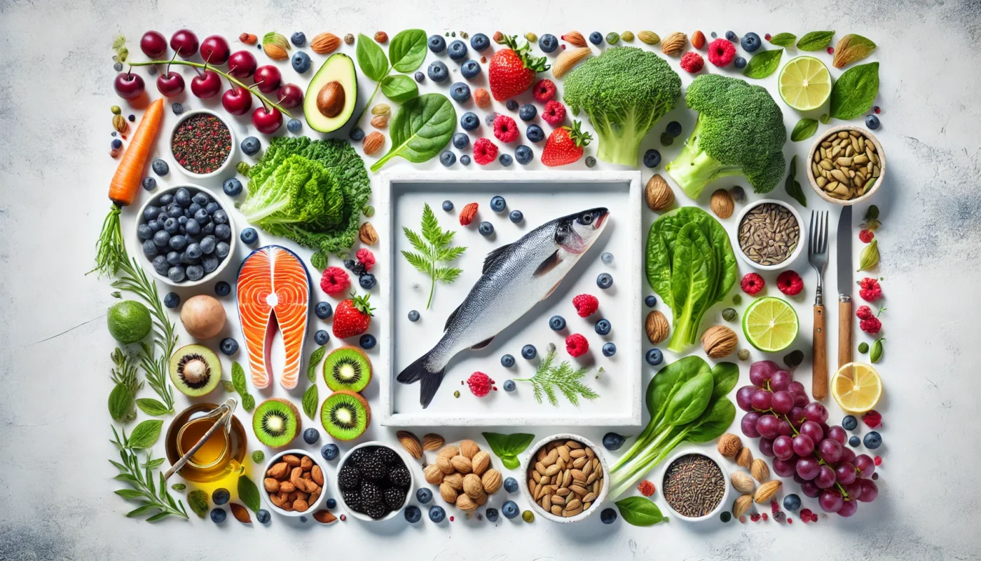 A widescreen image of a vibrant, text-free arrangement showcasing an anti-inflammatory diet. The scene features fresh foods like leafy greens, berries, fatty fish, nuts, and seeds, displayed on a clean, minimalist white surface.