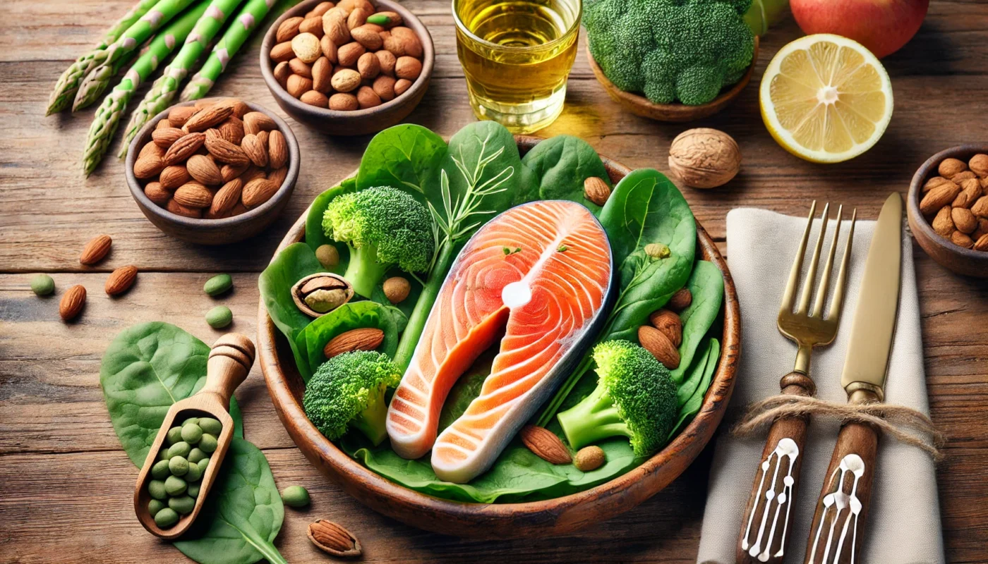 A close-up of a nutritious meal with salmon, leafy greens, and nuts served on a wooden table, showcasing an anti-inflammatory diet to support arthritis management naturally