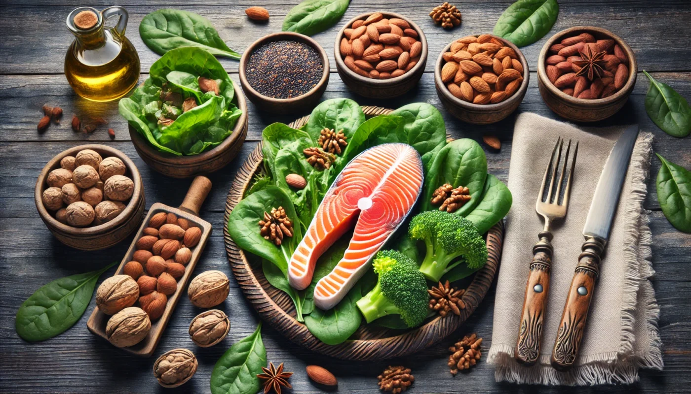 A nutritious meal with salmon, leafy greens, and nuts presented on a rustic wooden table, emphasizing an anti-inflammatory diet that supports arthritis pain relief and joint health.