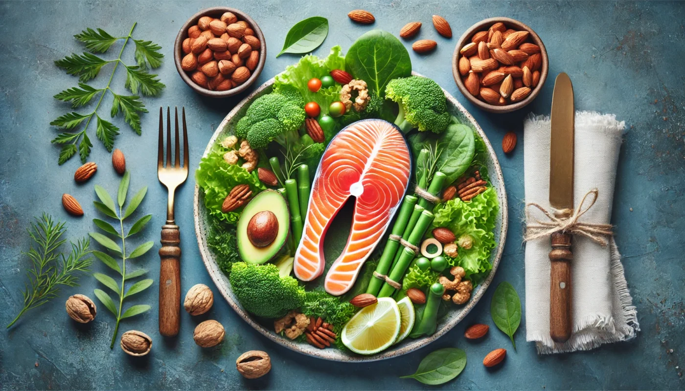 A nutritious meal featuring salmon, leafy greens, and nuts, arranged on a plate to highlight an anti-inflammatory diet that supports joint health and helps prevent arthritis pain.