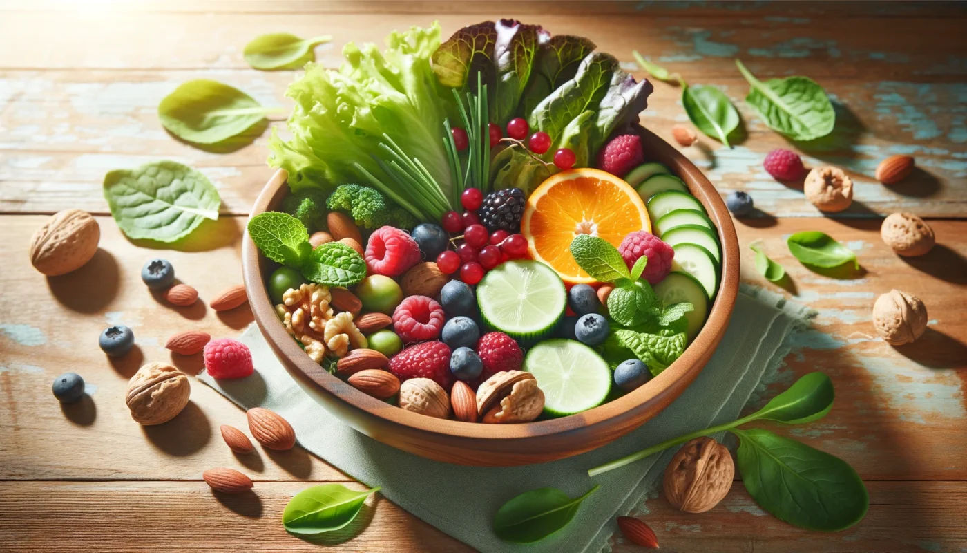 A vibrant bowl of anti-inflammatory foods featuring leafy greens, colorful berries, nuts, and citrus slices, arranged on a wooden surface with soft natural lighting. Perfect for promoting a healthy and inflammation-reducing diet.