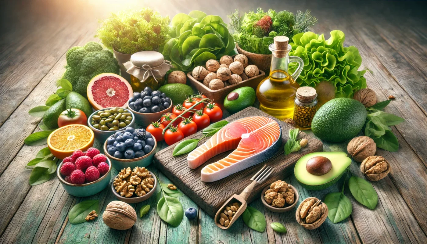 A vibrant assortment of anti-inflammatory foods including salmon, walnuts, leafy greens, berries, avocado, and olive oil, arranged on a rustic wooden table under natural light. Ideal for managing bursitis symptoms.