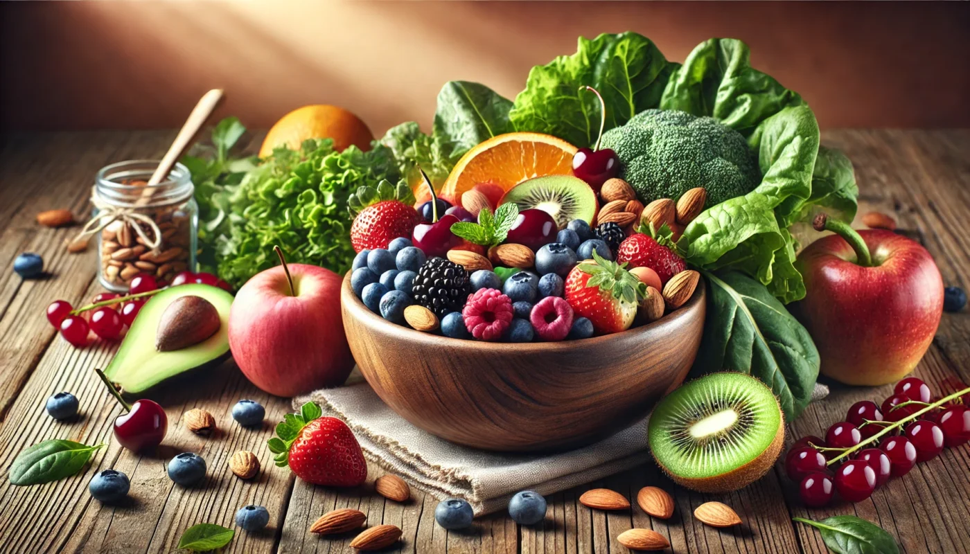 A vibrant bowl of anti-inflammatory foods, including colorful berries, leafy greens, and nuts, placed on a wooden table with natural lighting. The warm and inviting setting highlights the importance of nutrition in managing immune inflammatory diseases.