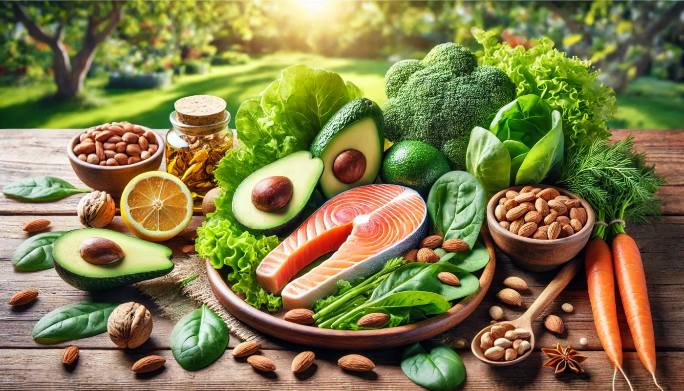 A vibrant plate featuring anti-inflammatory foods, including salmon, avocados, leafy greens, and nuts, displayed on a wooden table with a serene outdoor background. Perfect representation of a joint-healthy, holistic diet.