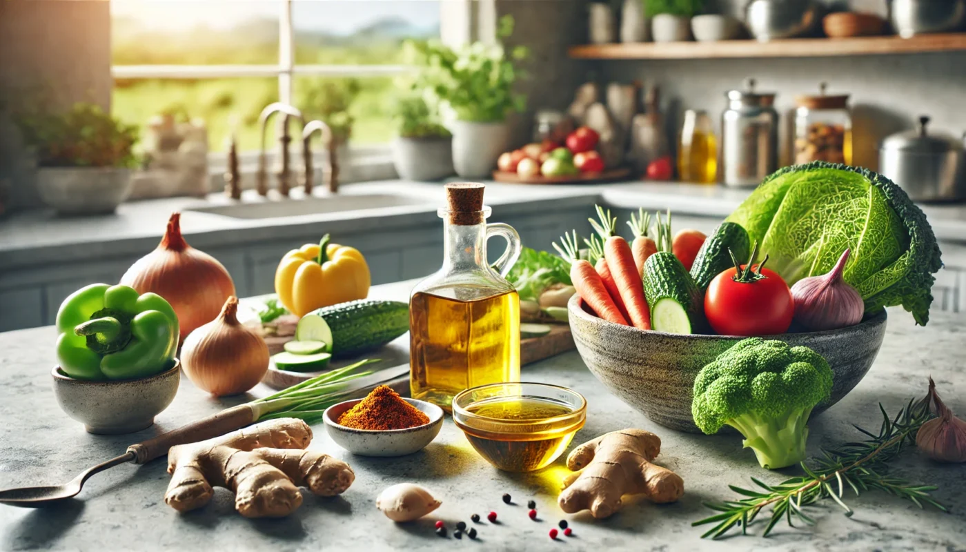 A calming kitchen counter scene featuring a bowl of fresh vegetables, a bottle of olive oil, sliced ginger, and a dish of turmeric powder. Soft sunlight filters through a window, emphasizing the benefits of an anti-inflammatory diet for rheumatoid arthritis. Modern and natural in widescreen format.