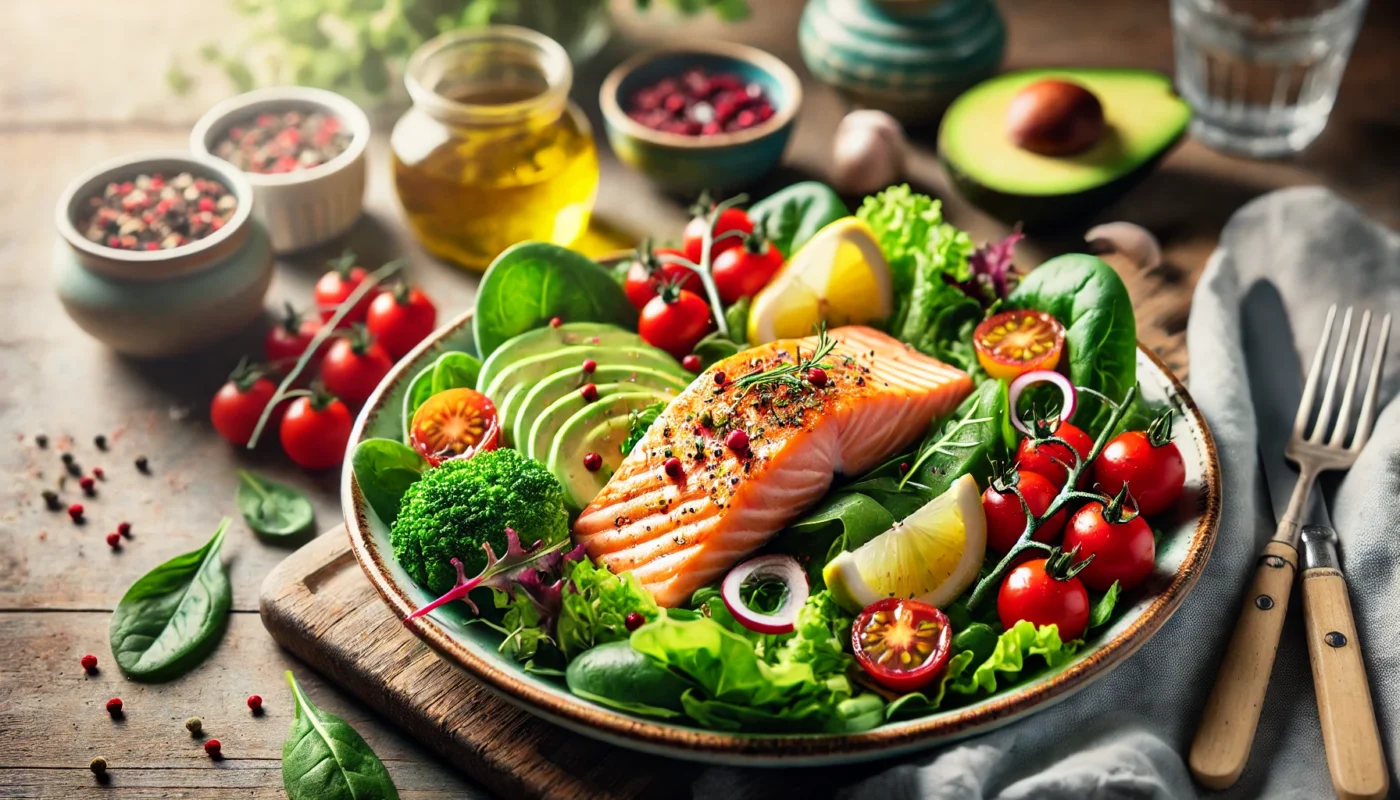 A colorful and nutritious anti-inflammatory meal featuring grilled salmon, leafy greens, cherry tomatoes, avocados, and a drizzle of olive oil, garnished with lemon slices and fresh herbs. Perfect for a guide on the itis diet.