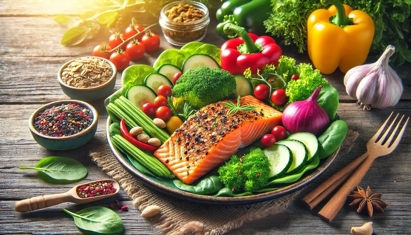 A vibrant anti-inflammatory meal featuring grilled salmon, leafy greens, colorful bell peppers, and nuts on a wooden table with natural lighting. Perfectly illustrating the role of nutrition in inflammation management.