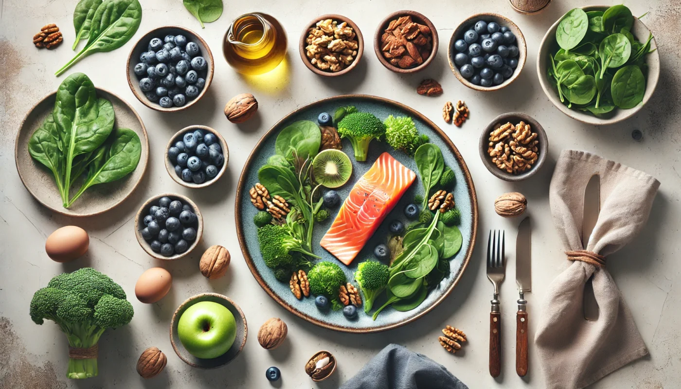 A beautifully arranged anti-inflammatory meal featuring salmon, leafy greens, walnuts, and blueberries, styled in a modern, minimalist kitchen setting.