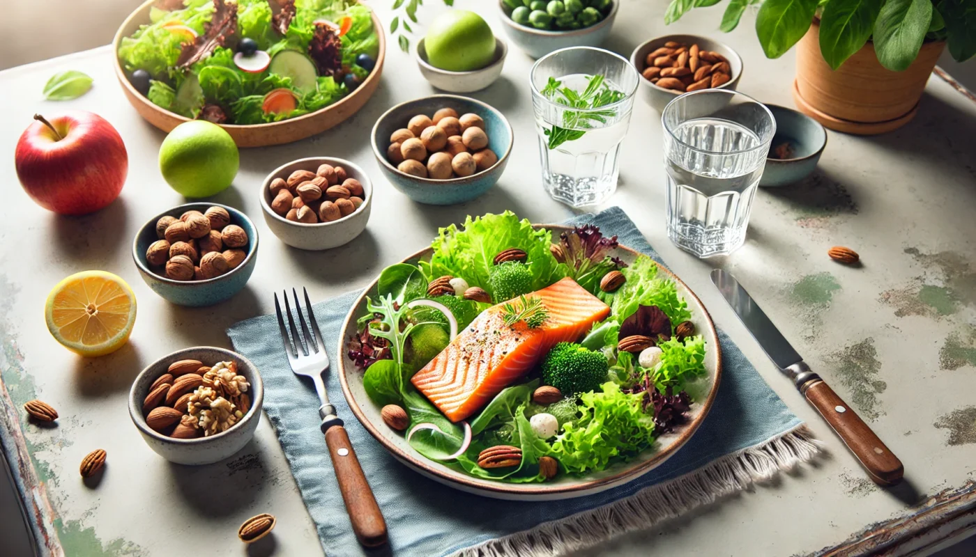 A dining table set with anti-inflammatory foods for rheumatoid arthritis, featuring a salad with leafy greens, grilled salmon, nuts, and a glass of water, in a fresh and naturally lit environment.