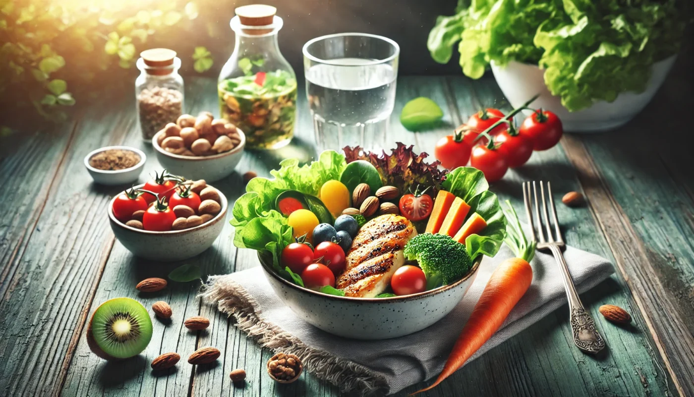 A colorful anti-inflammatory meal featuring fresh greens, cherry tomatoes, carrots, grilled chicken, and nuts, beautifully arranged on a wooden table with natural light, promoting balanced nutrition for systemic inflammation management.