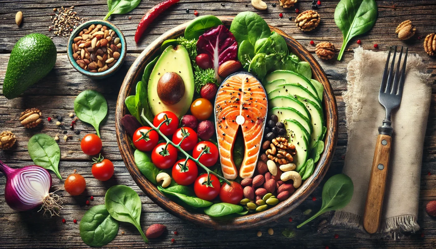 A nutritious anti-inflammatory meal featuring colorful mixed greens, cherry tomatoes, sliced avocado, nuts, and grilled salmon, placed on a rustic wooden table. Perfect for promoting inflammation management and overall health.