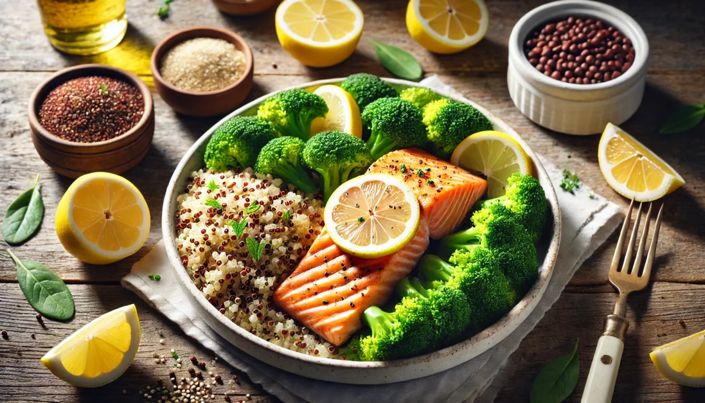 A nutritious plate of grilled salmon, quinoa, and steamed broccoli garnished with lemon slices and fresh herbs, set on a rustic wooden table, representing a meal rich in omega-3 fatty acids to support health.