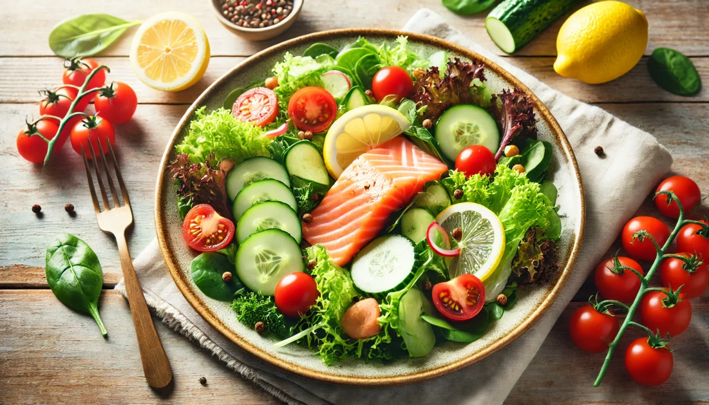 A colorful salmon salad with leafy greens, cherry tomatoes, cucumbers, and a light lemon dressing, arranged on a wooden table to showcase its anti-inflammatory benefits for IBD management.