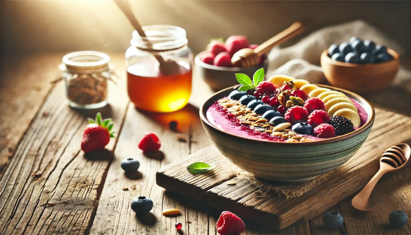 A vibrant smoothie bowl with berries, nuts, seeds, and honey on a rustic wooden table, symbolizing an anti-inflammatory breakfast rich in brain-healthy nutrients. Ideal for promoting neuroinflammation reduction through diet.