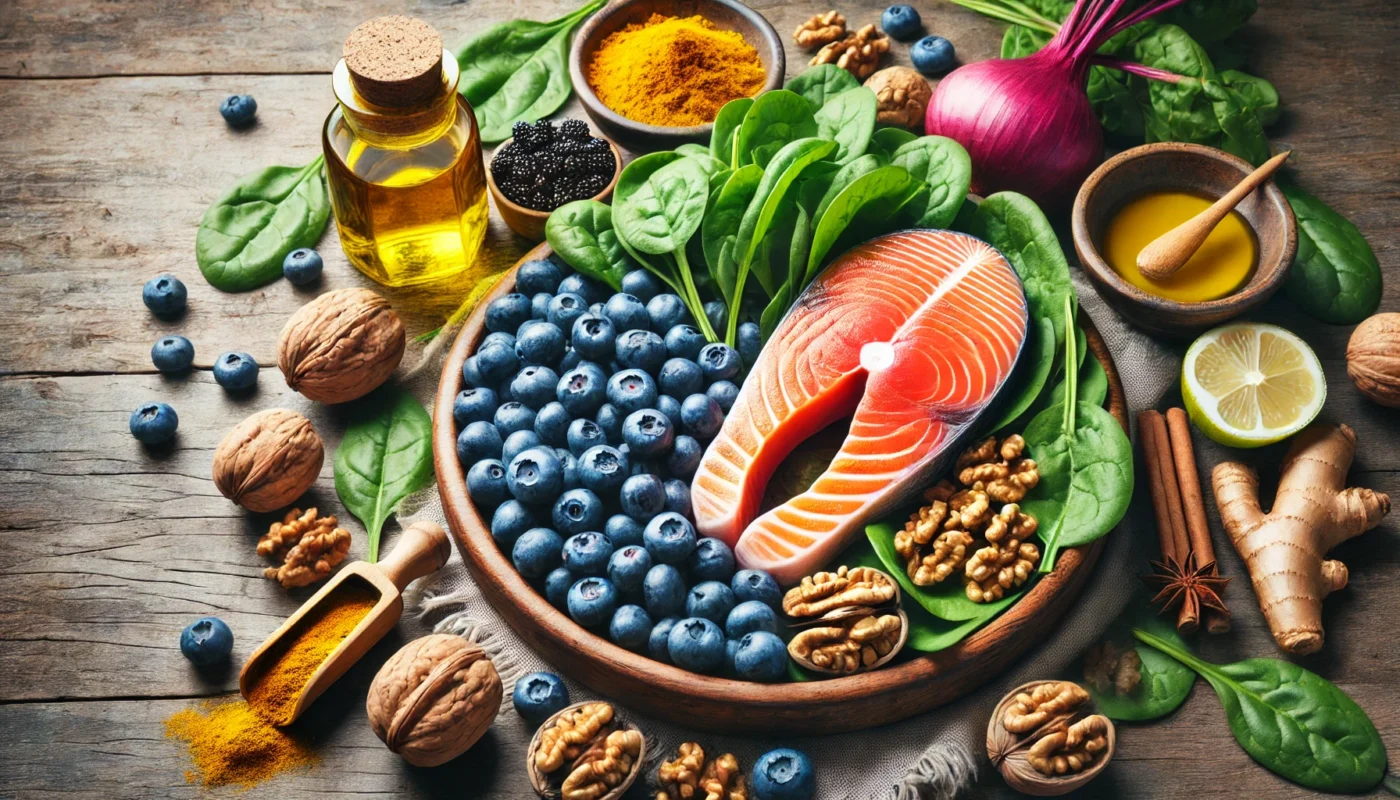 A colorful arrangement of anti-inflammatory foods on a rustic wooden table, featuring fresh salmon, blueberries, spinach, walnuts, turmeric, and olive oil, emphasizing natural and healthy dietary choices