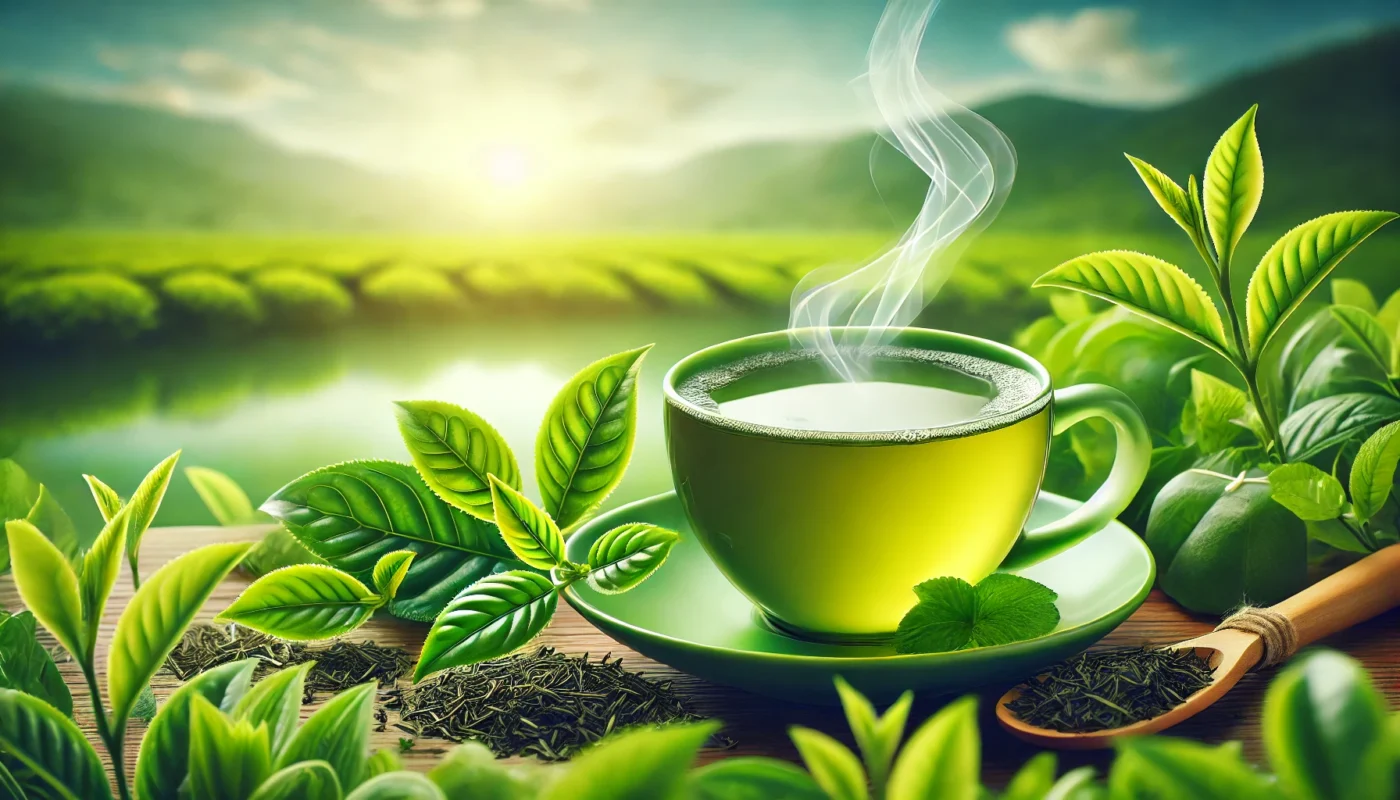 A cup of freshly brewed green tea with steam rising, surrounded by vibrant green tea leaves on a serene outdoor background, symbolizing health and relaxation.