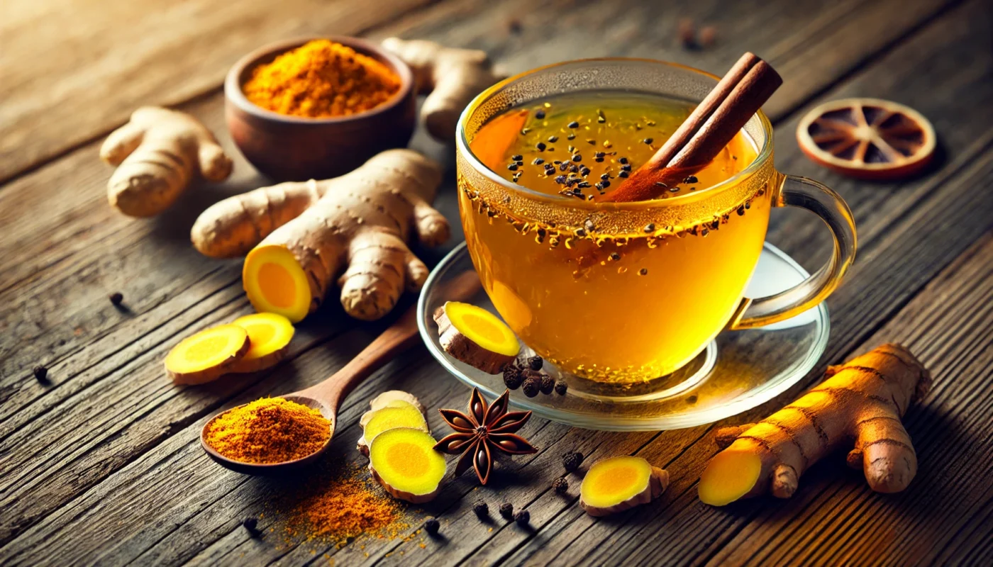 A clear glass cup of turmeric and ginger tea with fresh turmeric roots, ginger, and a sprinkle of black pepper on a rustic wooden table, highlighting anti-inflammatory benefits.