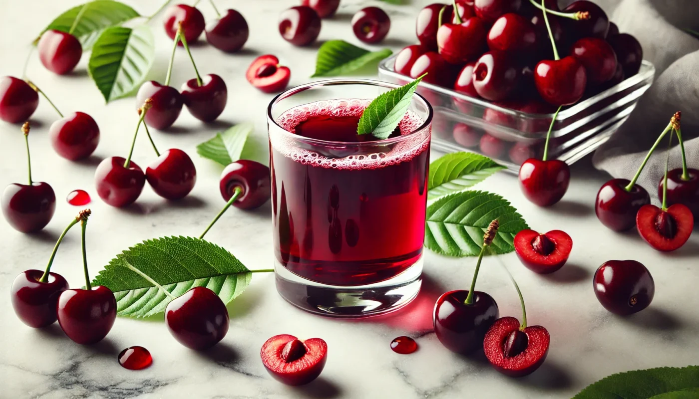 A glass of deep red tart cherry juice on a white marble counter, surrounded by fresh tart cherries and green leaves, emphasizing natural anti-inflammatory properties.