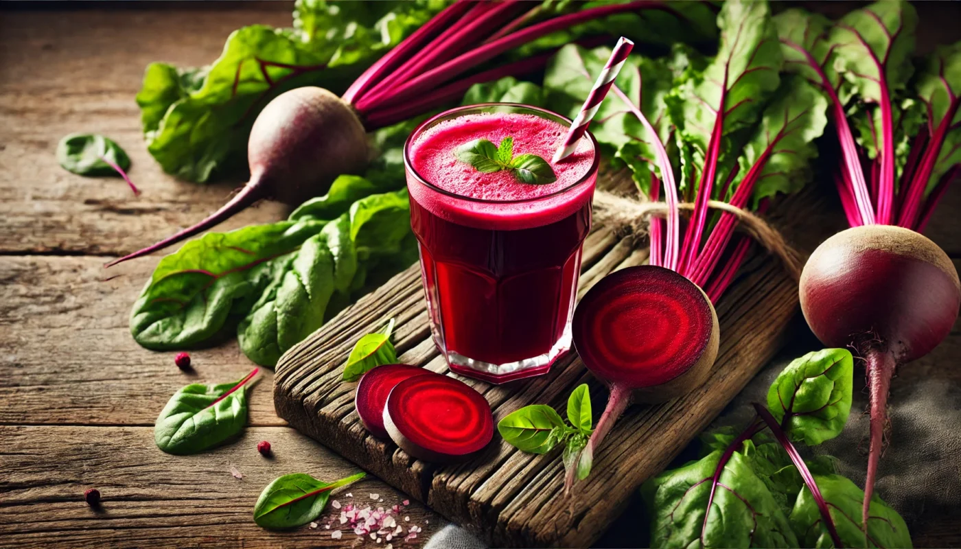 A glass of bright red beetroot juice with a straw, surrounded by fresh beet slices and leafy greens on a rustic wooden surface, showcasing nutrition and vibrant health benefits.