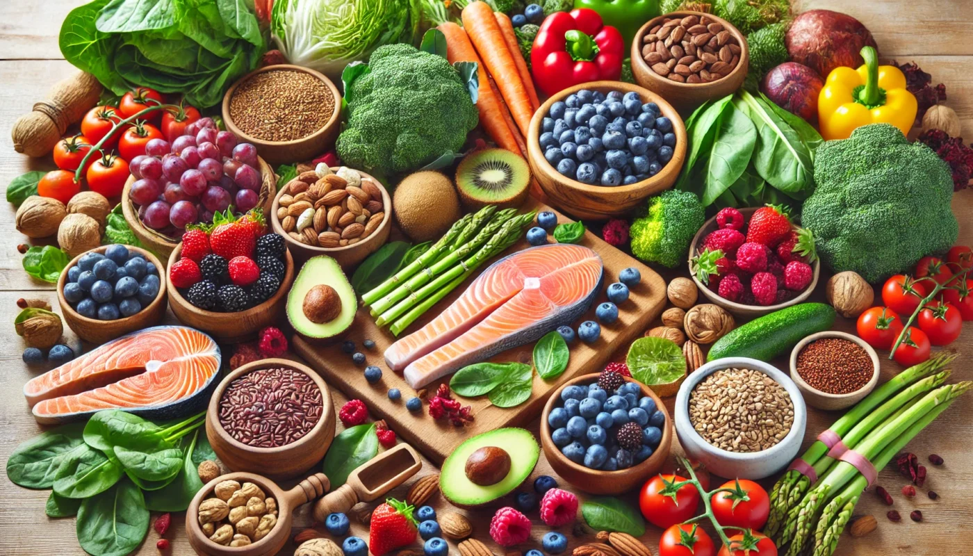 A vibrant selection of anti-inflammatory foods, including berries, leafy greens, nuts, seeds, and fresh salmon, arranged on a wooden kitchen counter.