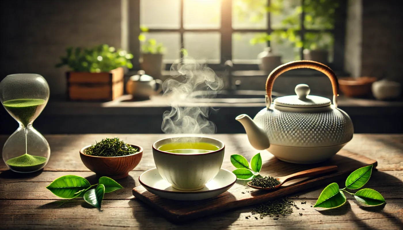 A serene setting featuring a steaming cup of green tea with fresh tea leaves and a teapot on a wooden table, illuminated by natural sunlight, highlighting the antioxidant benefits of green tea.