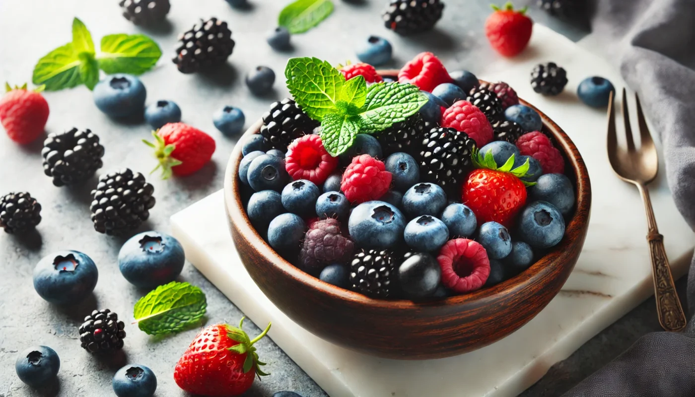 A close-up of a bowl filled with mixed berries, including blueberries, raspberries, and blackberries, garnished with mint leaves on a marble countertop, highlighting antioxidant-rich foods that help reduce inflammation.