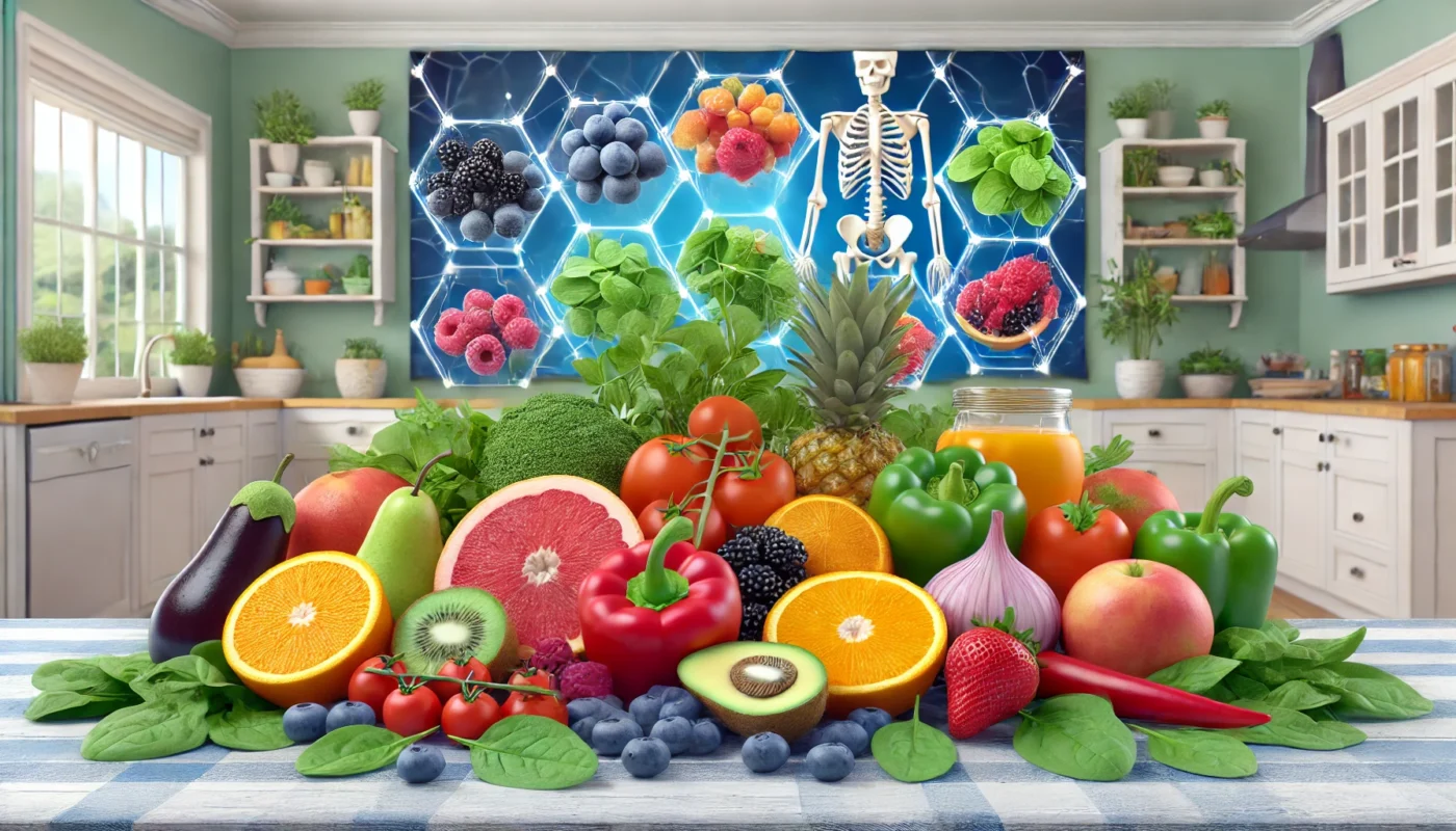 A colorful display of fresh antioxidant-rich foods including berries, citrus fruits, spinach, and bell peppers, artistically arranged on a modern kitchen counter for osteoarthritis support.