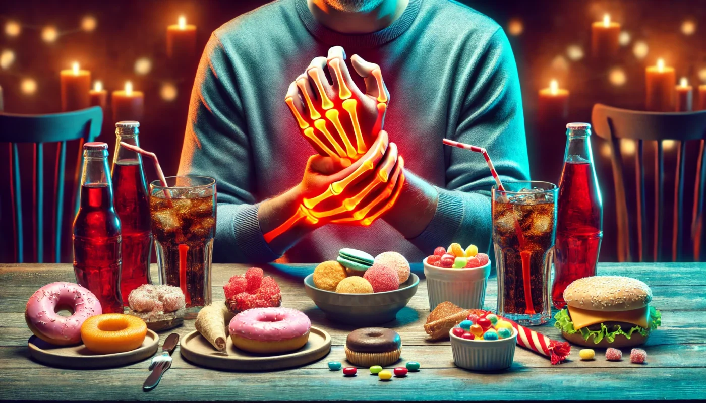 A digital illustration highlighting arthritis pain in glowing red joints of hands, with a focus on sugary foods like sodas and desserts on a dining table. The dim background emphasizes the connection between sugar consumption and inflammation.