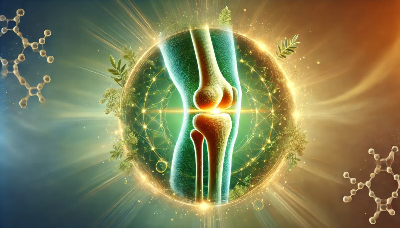 Artistic representation of a glowing human knee joint surrounded by green and golden light, symbolizing vitality and the benefits of joint health supplements, set against an earthy and neutral-toned gradient background.