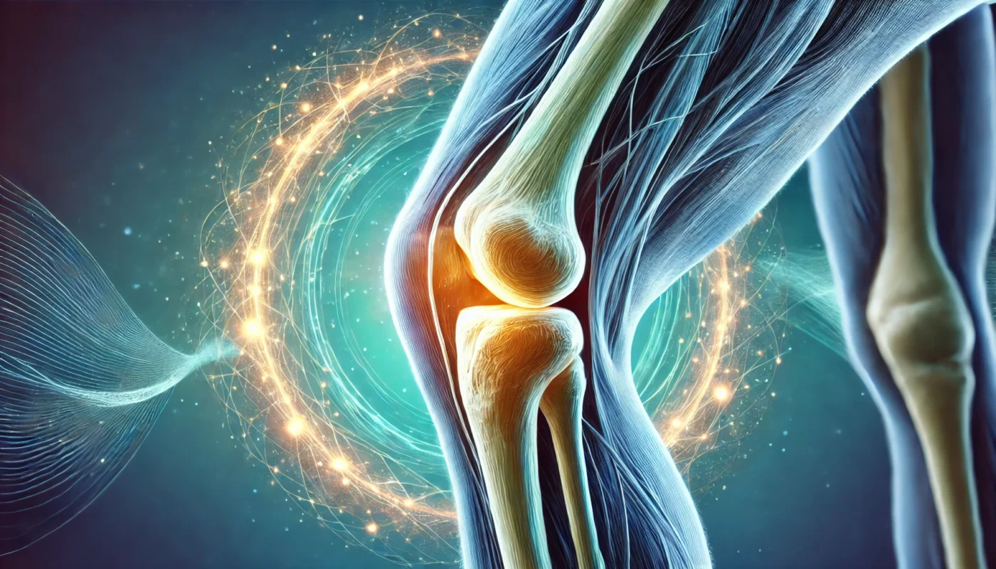 What are some of the best knee joint pain relief products? This is an artistic representation of a human knee joint highlighting cartilage, ligaments, and tendons with a glowing aura, symbolizing healing and relief, set against a soothing blue-green gradient background.