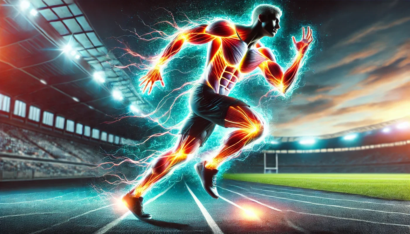 A dynamic image of an athlete in mid-sprint, showcasing glowing muscles with a vibrant energy effect, symbolizing enhanced recovery, vitality, and athletic performance supported by sulphate supplements, set against a blurred outdoor track background.