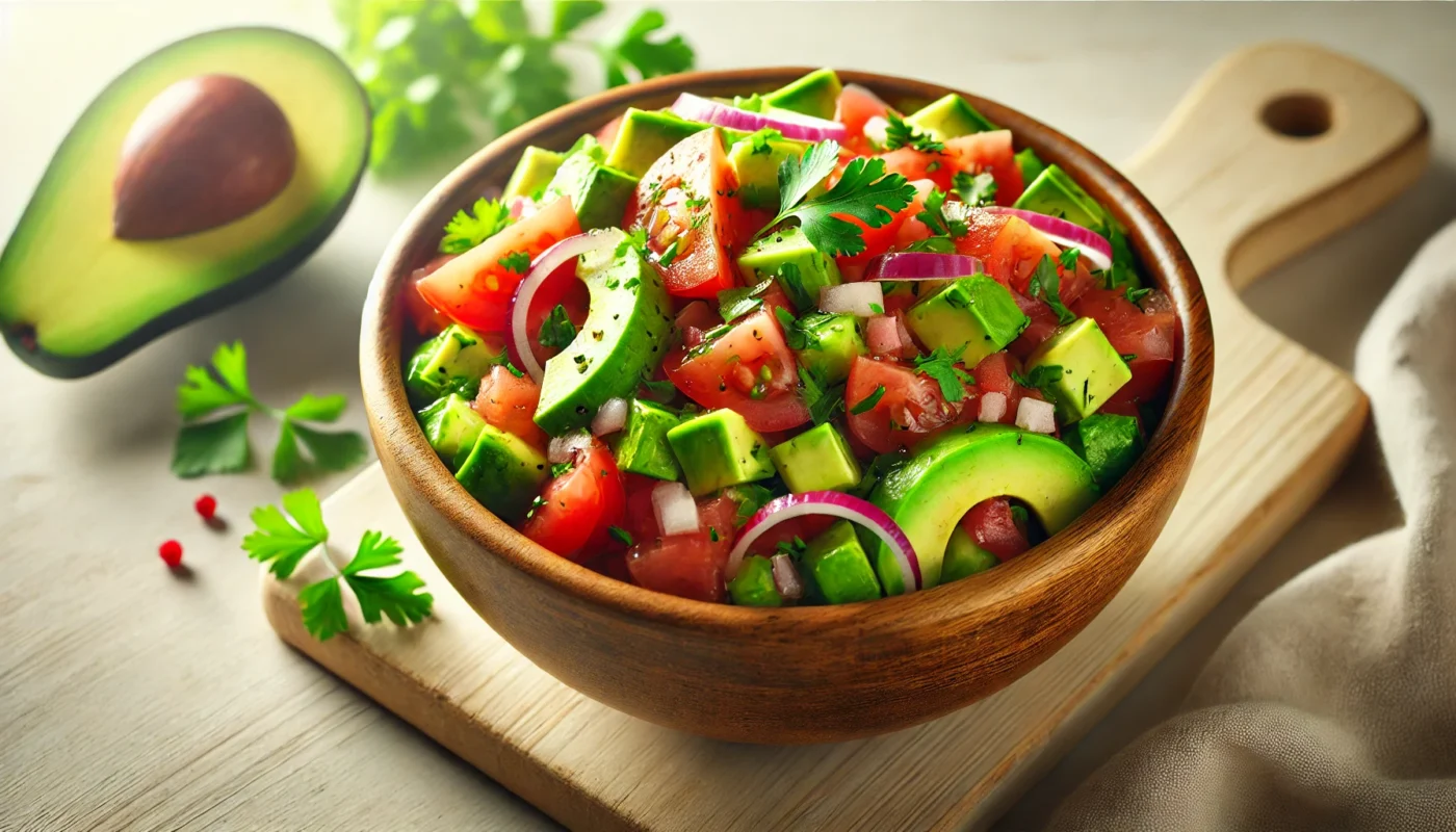 A bowl of fresh avocado and tomato salsa, featuring diced avocado, tomatoes, onion, and cilantro, placed on a light wooden surface under natural lighting, highlighting its vibrant colors and anti-inflammatory properties.