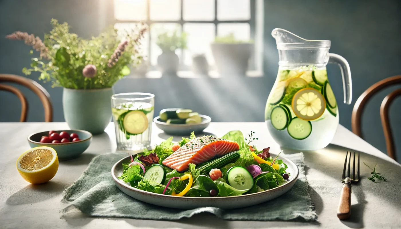 A serene dining table scene showcasing a plate of mixed greens salad with colorful vegetables and grilled salmon, accompanied by a pitcher of infused water with lemon and cucumber. Soft sunlight enhances the balance and freshness. Text-free, minimalist, and modern in widescreen format.