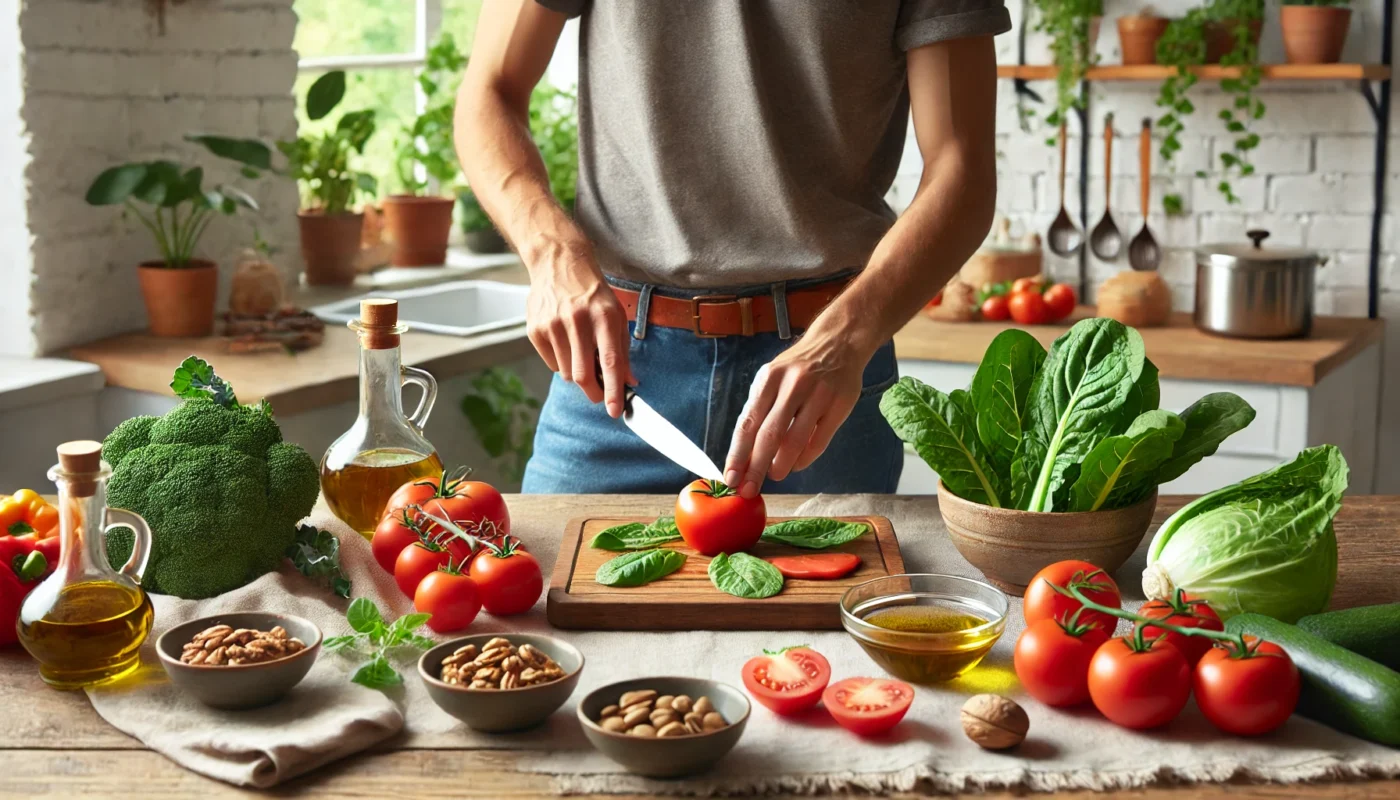 A health-conscious individual preparing a tomato-based dish in a modern kitchen, surrounded by fresh ingredients such as leafy greens, olive oil, and nuts, showcasing a balanced diet approach.