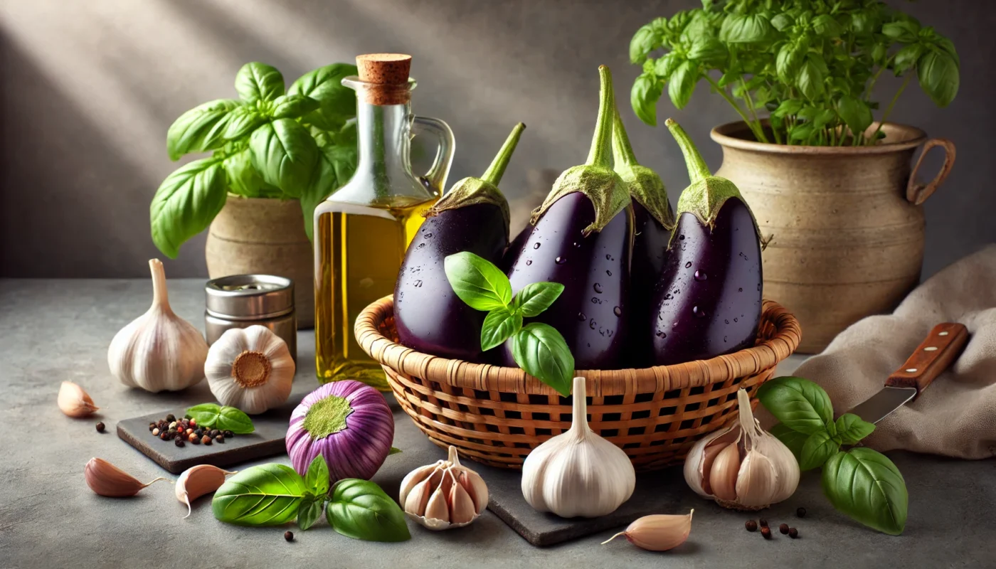 A kitchen display featuring a basket of fresh eggplants, garlic cloves, fresh basil, and olive oil, representing gout-friendly and anti-inflammatory food choices.