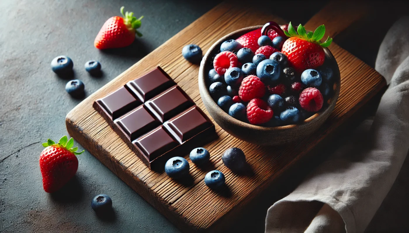 A bowl of mixed berries including blueberries, strawberries, and raspberries, paired with a piece of dark chocolate on a wooden tray, highlighted by natural lighting to showcase a vibrant and healthy anti-inflammatory snack.