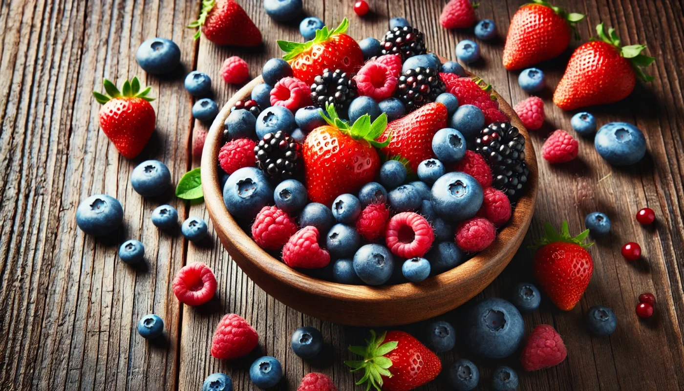 A colorful assortment of fresh berries, including blueberries, strawberries, and raspberries, arranged in a rustic bowl on a wooden table, emphasizing their vibrant colors and antioxidant-rich properties.