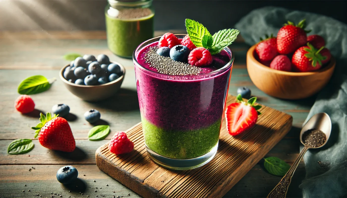 A vibrant berry green tea smoothie in a clear glass, topped with fresh berries and chia seeds, placed on a wooden surface under natural lighting, highlighting its fresh and anti-inflammatory qualities.