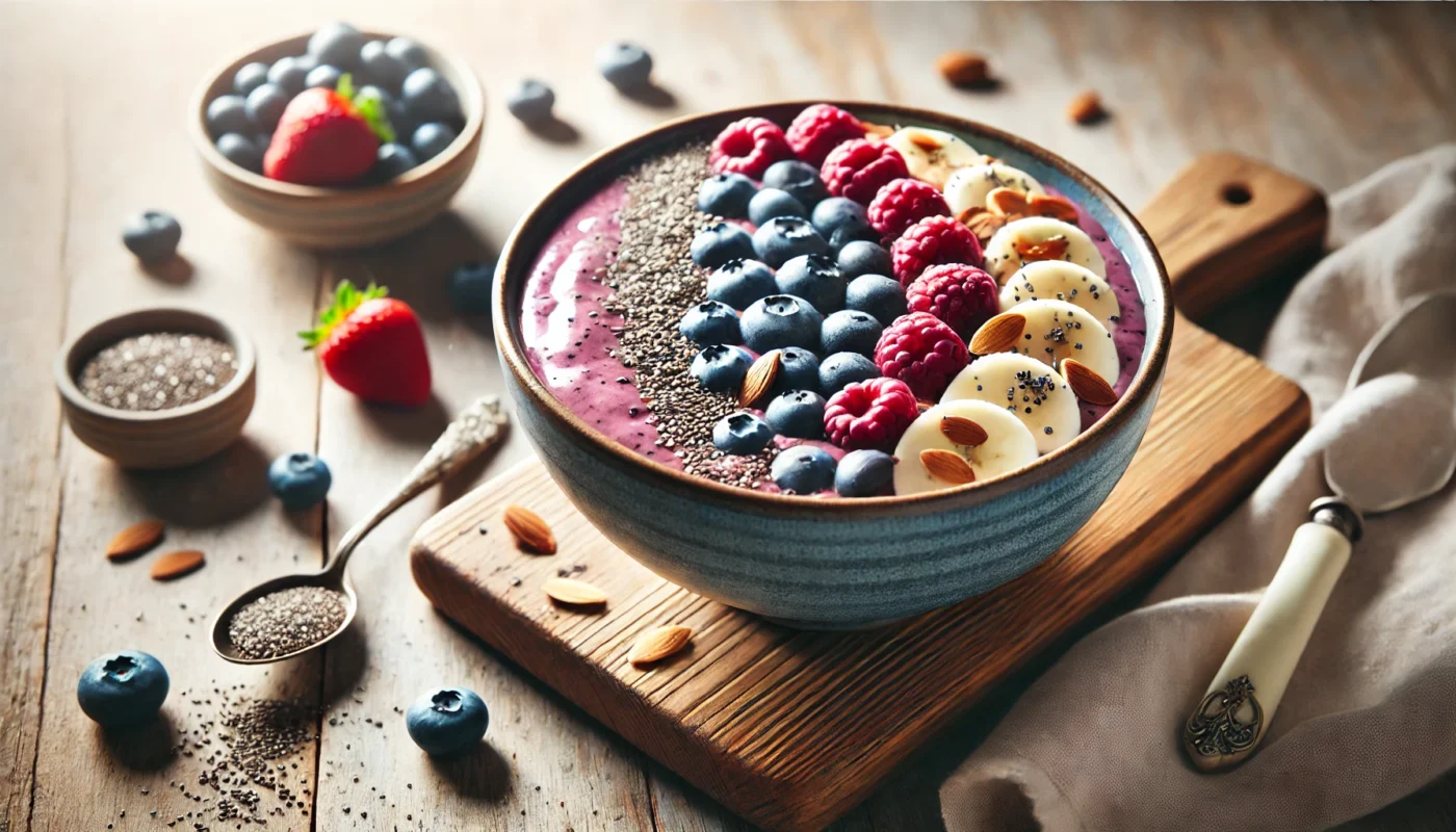 A berry smoothie bowl topped with fresh blueberries, sliced bananas, chia seeds, and crushed almonds, placed on a wooden table. Highlights the vibrant and anti-inflammatory ingredients of the itis diet.